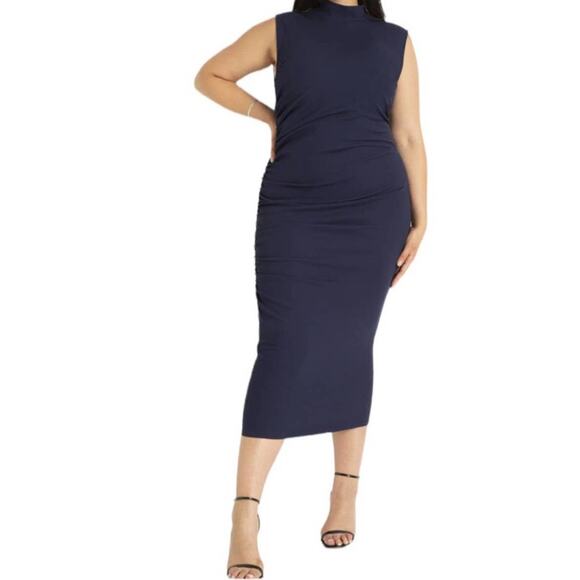 ELOQUII Dress Size 20 Navy NWT Midi Stretch Sleeveless Ruched Bodycon Plus Curvy - Picture 1 of 15